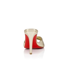 Christian Louboutin mule in platine metallic leather, rear view showing signature red sole and stiletto heel