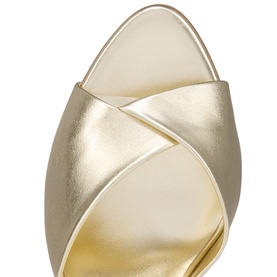Christian Louboutin women's platine metallic leather mule, close-up of crossover toe strap with gold-tone finish