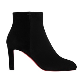 Christian Louboutin black suede ankle boot with block heel, zip fastening, and signature red sole