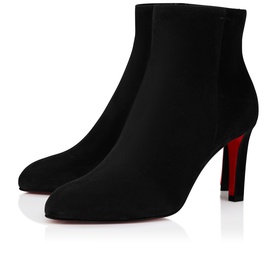 Christian Louboutin black suede ankle boot with block heel, side zip, and signature red sole