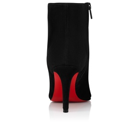 Christian Louboutin black suede stiletto ankle boot, rear view showing back zip fastening and signature red sole.