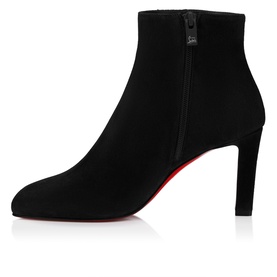 Christian Louboutin black suede ankle boot with block heel, side zip fastening, and signature red sole