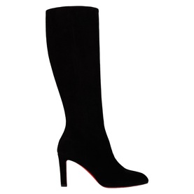 Christian Louboutin black suede knee-high boot with block heel and signature red sole, side profile view