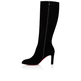 Christian Louboutin black suede knee-high boot with side zip, block heel, and signature red sole