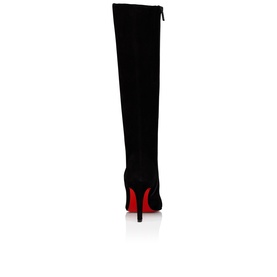 Christian Louboutin black suede over-the-knee stiletto boot, back view showing zip fastening and signature red sole.