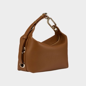 Christian Louboutin brown leather hobo shoulder bag with gold chain-link top handle hardware, structured base, side view