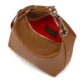 Christian Louboutin brown leather bag with gold-tone hardware, open zip top revealing red interior lining, with detachable shoulder strap