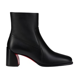 Christian Louboutin black leather ankle boot with block heel, square toe, side zip, and signature red sole