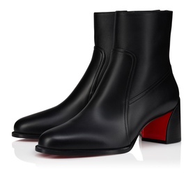 Christian Louboutin black leather ankle boots with block heel, side zip, and signature red sole