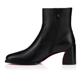 Christian Louboutin black leather block-heel ankle boot with side zip and signature red sole, side profile view