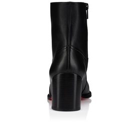 Christian Louboutin black leather ankle boot, block heel, back zip fastening and signature red sole, rear view