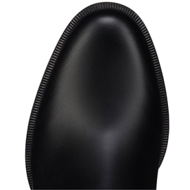 Christian Louboutin black boot toe detail, overhead close-up showing smooth leather upper and ribbed rubber sole edge