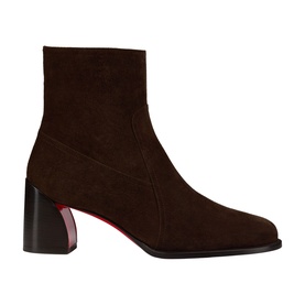 Christian Louboutin dark brown suede ankle boot with block heel, square toe, side zip, and signature red sole
