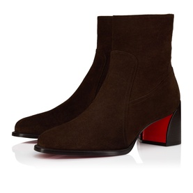 Christian Louboutin dark brown suede ankle boots with block heel, pointed toe, and signature red sole