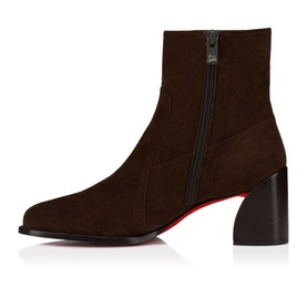 Christian Louboutin dark brown suede ankle boot with block heel, side zip fastening, and signature red sole.