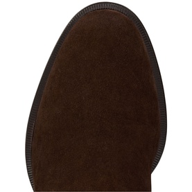 Christian Louboutin dark brown suede shoe outsole, showing rounded toe shape and black leather welt edging detail.