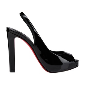 Christian Louboutin black patent leather peep-toe slingback heel with block heel and signature red sole