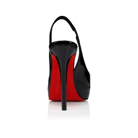 Christian Louboutin black patent slingback pump, stiletto heel, iconic red sole, rear view