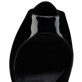 Christian Louboutin black patent leather peep-toe shoe, close-up of toe box and platform sole detail