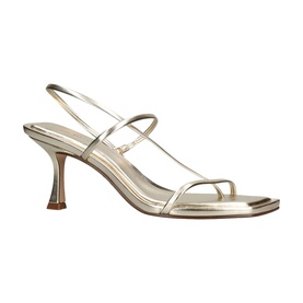 Gold metallic strappy slingback sandal with square toe, double thin straps, and flared kitten heel