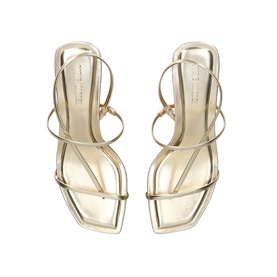 Gold strappy square-toe heeled sandals with delicate multi-strap upper and slender heel, overhead flat lay view