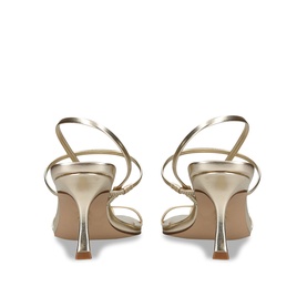 Gold strappy kitten heel sandals, rear view, metallic leather straps and slim silver-tipped stiletto heel