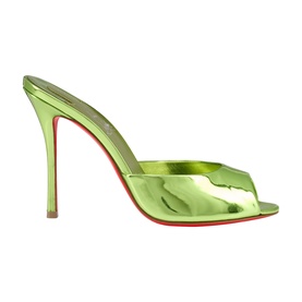 Christian Louboutin kiwi green metallic leather mule heel with peep toe, ruched upper detail, and signature red sole