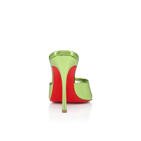 Christian Louboutin Dump mule in kiwi green patent leather, heel-back view, with signature red sole and stiletto heel.