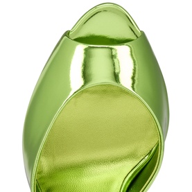 Christian Louboutin kiwi green metallic peep-toe heel, lime green insole, close-up detail shot