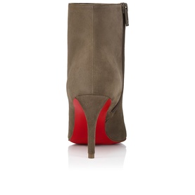 Christian Louboutin green suede stiletto ankle boot, back zip detail, signature red sole, slim high heel