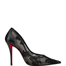 Christian Louboutin black lace pointed-toe stiletto pump with sheer mesh upper, leather trim, and signature red sole.