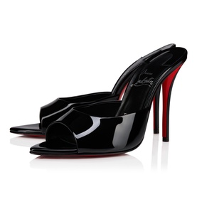 Christian Louboutin mule heels in black patent leather with open toe, stiletto heel and signature red sole