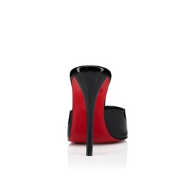 Christian Louboutin black patent leather mule heel, rear view showing signature red sole and slim stiletto heel.