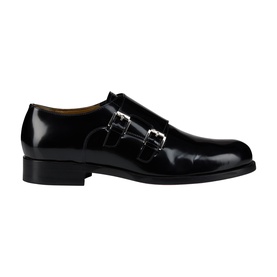 Christian Louboutin black polished leather double monk strap shoe with silver buckles and low block heel, men's style