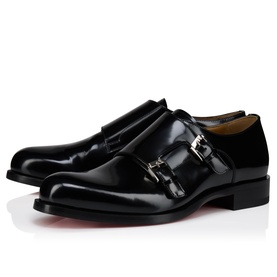 Christian Louboutin black polished leather double monk strap shoes with silver buckles and signature red sole