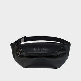Christian Louboutin black leather belt bag with front zip pocket, silver logo lettering, and adjustable buckle strap