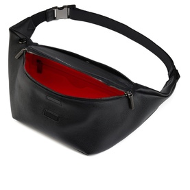 Christian Louboutin black leather belt bag with silver-tone buckle, open zip showing red interior lining