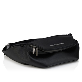Christian Louboutin black leather belt bag with silver zip detailing and adjustable crossbody strap, shown flat on white background