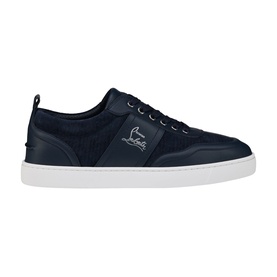 Christian Louboutin blue low-top leather sneaker, navy suede panel, logo patch, white rubber sole, lace-up fastening