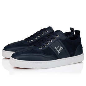 Christian Louboutin blue low-top trainers, navy nylon and leather panelling, signature script logo, white sole and laces