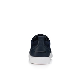 Christian Louboutin blue leather sneaker, heel view, white rubber sole, navy upper with tonal lace detail