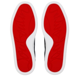 Christian Louboutin blue shoe insoles with signature red sole lining, white border, pair laid flat showing top and underside view.