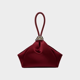 Christian Louboutin red satin clutch bag with wrist loop handle and gold-tone ring hardware detail