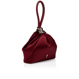 Christian Louboutin red satin wristlet clutch bag with gathered fabric, gold chain detail, and looped wrist strap