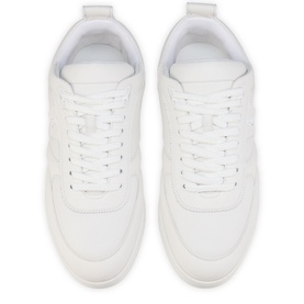 Christian Louboutin white leather low-top trainers with white laces, flat white sole, overhead flat-lay view