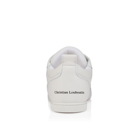 Christian Louboutin white leather low-top sneaker, rear view showing branded heel tab and white sole.
