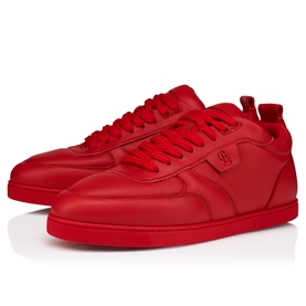Christian Louboutin red leather low-top sneakers with tonal laces, CL logo detail, and signature red sole