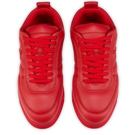 Christian Louboutin red leather lace-up trainers with chunky red sole, top-down view showing tonal red laces and textured upper