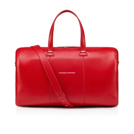 Christian Louboutin red leather duffle bag with twin top handles, silver-tone zip and detachable shoulder strap.