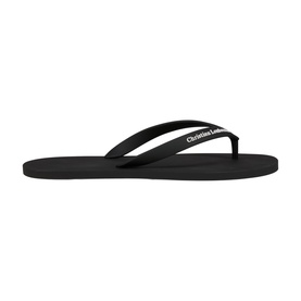 Christian Louboutin black flip flop with branded white logo strap and black flat rubber sole, side profile view.